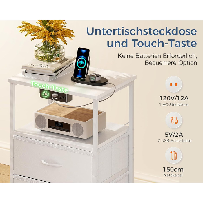 Приліжкова тумбочка Coleshome біла з розеткою, 2 USB, LED-підсвіткою, 3 висувними ящиками та місцем для зберігання, 40x30x70 см