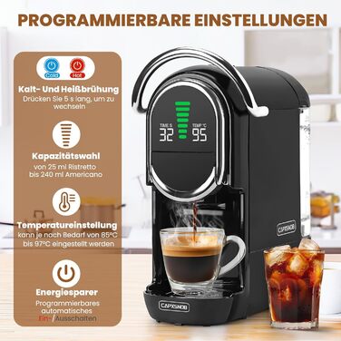 Кавомашина Magician1 Mini Kapselmaschine 5in1 для капсул Nespresso, Dolce Gusto, Lavazza A Modo Mio, ESE 44 та кавової гущі | 20 бар, 1450 Вт, LED-дисплей, 7 рівнів води | для дому та офісу (Чорний)