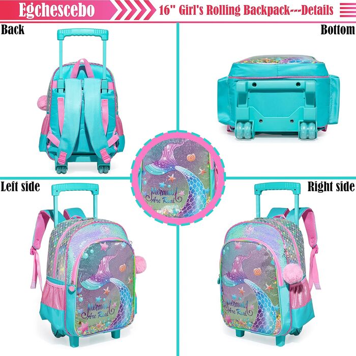 Дитячий рюкзак Egchescebo Satchel для дівчаток на колесах 17 3PCS Дорожні рюкзаки (Blue-mry)