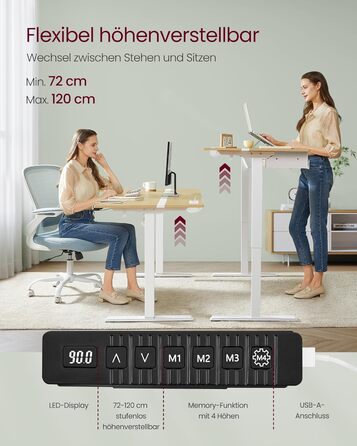 Електричний регульований стіл VASAGLE з пам'яттю висоти, з розетками та ящиком для зберігання, хмаринно-білий + золотий дуб, LSD112W01