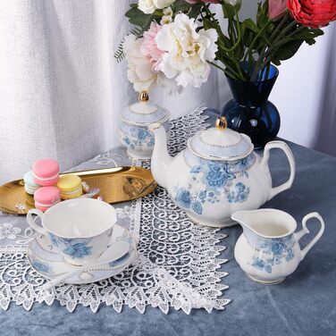 Набір чаю Fanquare Blue Floral Porcelain на 6 осіб, включаючи чайник, цукорницю та глечик для вершків