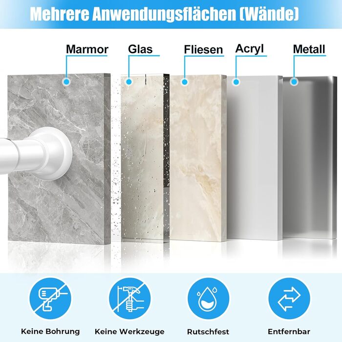 Штанга для карниза без свердління 76-200 см, телескопічна, для душу, одягу, вікна, кухні, шафи (біла)