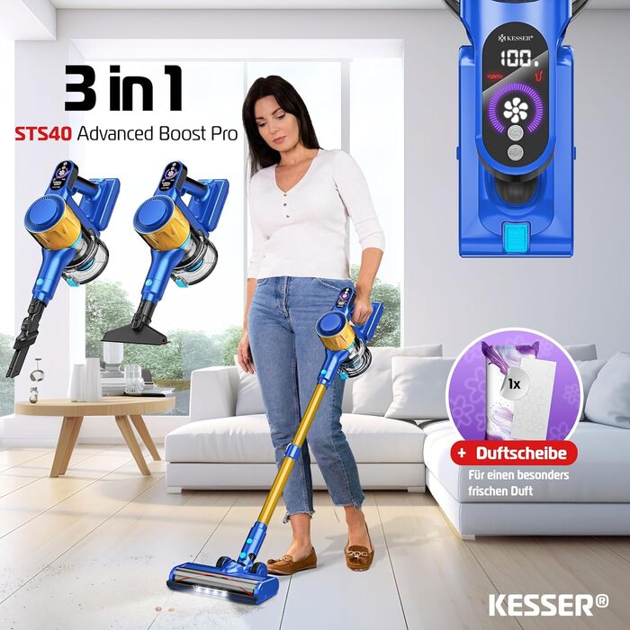 Бездротовий акумуляторний пилосос KESSER® з LED-дисплеєм, до 60 хвилин роботи, тихий, без мішка, з антинамотувальною щіткою, HEPA-фільтр, аромакарта (блакитний/золотий)