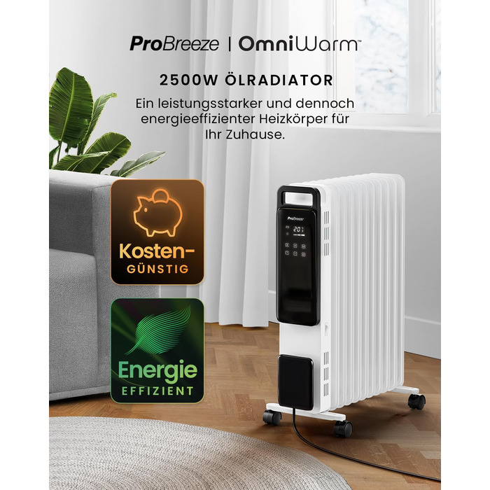 Електричний масляний радіатор Pro Breeze OmniWarm 2500W з 11 ламелями - енергозберігаюча теплова гармата з термостатом, таймером та захистом
