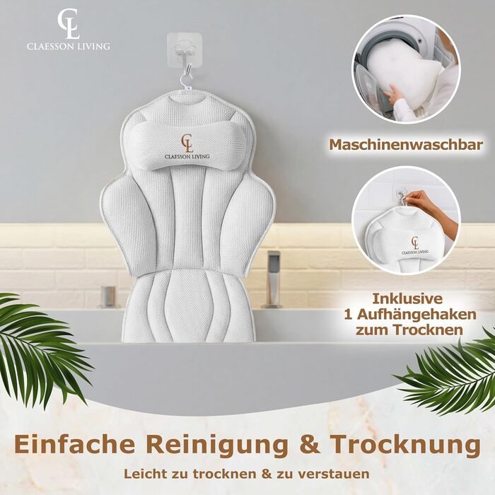 Подушка для ванни повне тіло (152x56 см) з підголівником (11 см) - біла. Підтримка шиї, спини та ніг. З сумкою для прання та подорожей, гачком для сушіння.