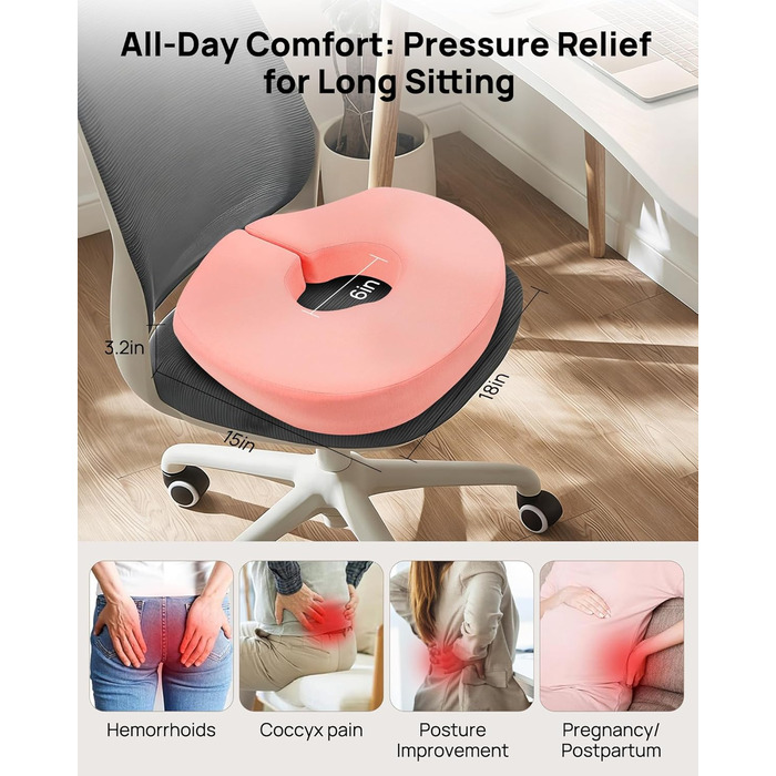 Ортопедична подушка-кільце Feagar для сидіння, ергономічна подушка-пончик від геморою, ішіасу та для післяпологового відновлення, регульована (Рожева, стандарт 60-100 кг)
