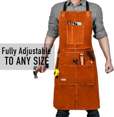 Шкіряний фартух зварювальника LeaSeek – термостійкий та вогнестійкий, з 6 кишенями, регульований, розмір M-XXXL (61x106 см)