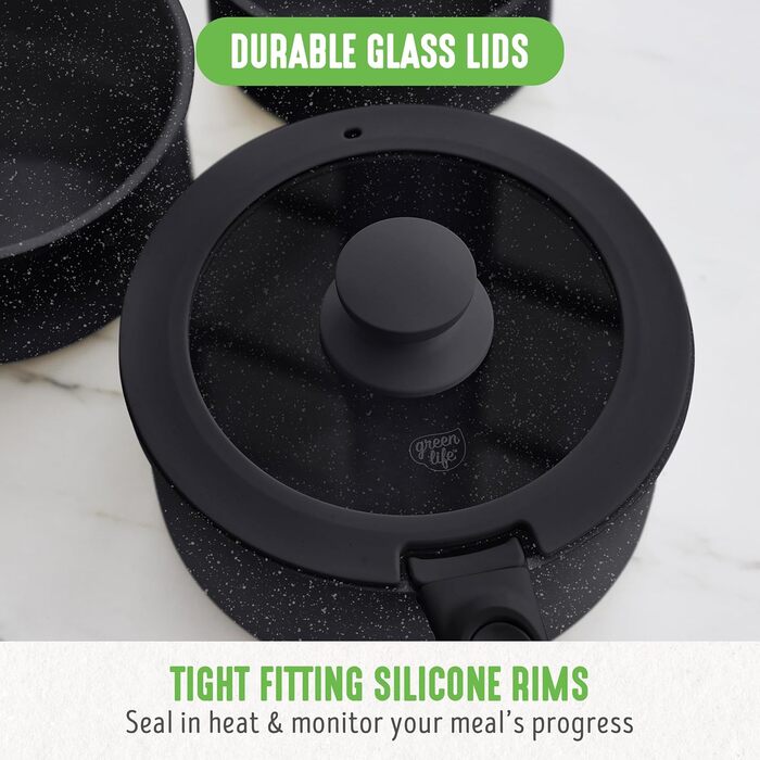 Набір посуду GreenLife 10 предметів з антипригарним покриттям, знімні ручки, складаний посуд, антитоксичні, без PFAS сковороди, індукційні каструлі та сковороди, економія місця, сервіровочні миски (Чорний Спренкле)