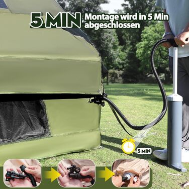 Надувний кемпінговий намет Oxford 420D для глемпінгу 4-5 осіб з насосом, водонепроникний (3000 мм), 4 сезони, з вікнами-москітними сітками, під камін, 300x210x200 см