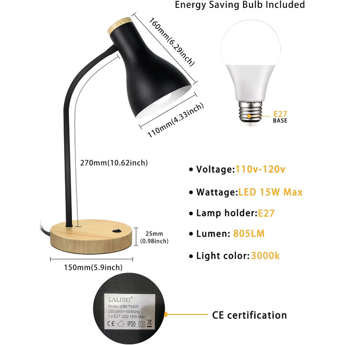 Світлодіодна настільна лампа LALISU, класичний дизайн з дерева, захист очей, регульований кронштейн (чорний)