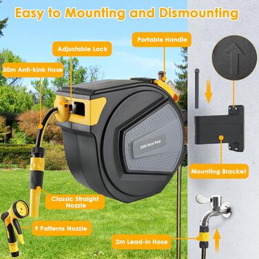 Шланговий барабан з шлангом для саду з автоматичним змотуванням, поворотний на 180°, настінна шланговий бокс з ручною лійкою (9 функцій), для поливу та миття авто (чорно-жовтий, 30м)