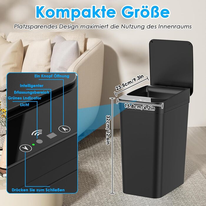 Набір з 2 відер для сміття Dreamhigh® з датчиком, 12 л, електричні, автоматичний кришка, розумні, 3 режими відкривання, тихі, водонепроникні для кухні, ванної кімнати, офісу, вітальні (Чорний + Білий)