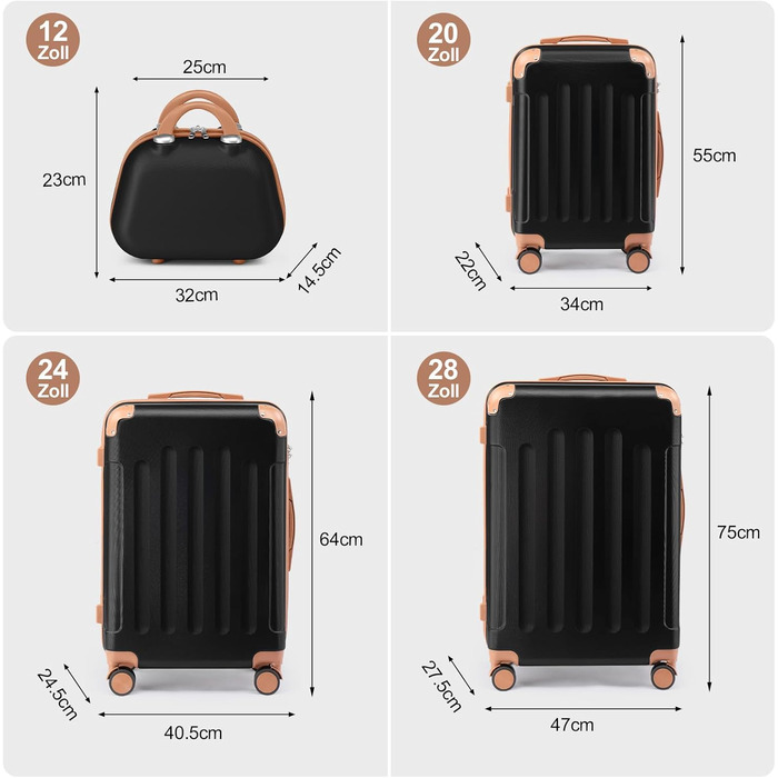 Набір валіз LALAHO 4 шт: дорожній комплект з косметичками, валізи з ABS пластику, багажний набір з косметичним мішечком, ручна валіза та 4 захисними куточками (Чорно-коричневий, Набір валіз 4 шт (смужки))