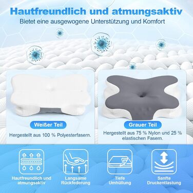 Ортопедична подушка для шиї з Memory Foam - для сну на боці, спині та животі. З покриттям з льонової тканини (темно-сірий)