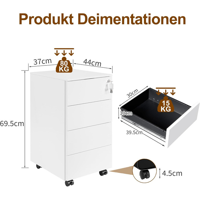 Роликовий контейнер HOMSTEEL з замком, 4 ключі, 4 шухляди, металевий шафа, готовий до збирання, для офісу, домашнього офісу, білий (44T x 37B x 69.5H cm)