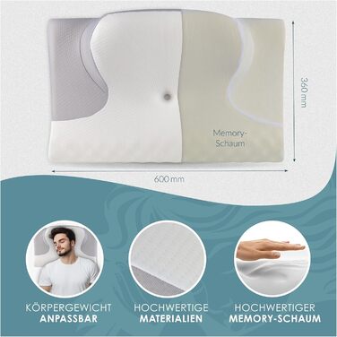Ортопедична подушка Nachtengel – ергономічна подушка для шиї з Memory Foam, проти хропіння, підтримка шиї для тих, хто спить на спині, животі та боці, біла та сіра