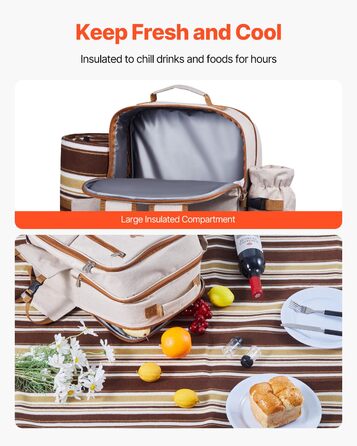 Рюкзак для пікніка VEVOR на 4 особи (20 л) з ізольованим холодильником, підстаканником/для вина та комплектом посуду для кемпінгу та пікніків, бежевий