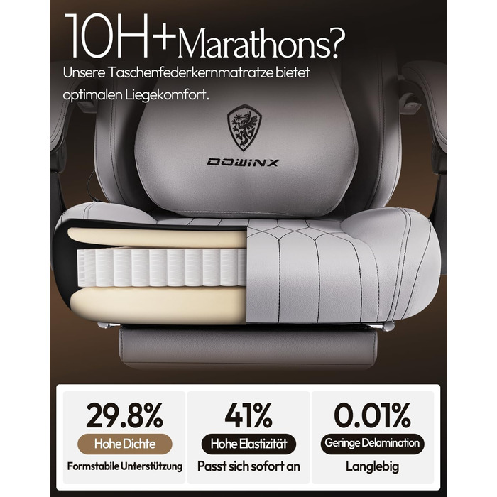 Ігровий крісло Dowinx з масажем, ергономічний дизайн, підтримка попереку та шиї, до 135 кг, шкіра, чорний (сірий), для дорослих