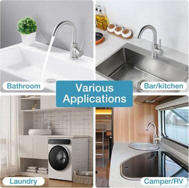 Змішувач для ванної кімнати/кухні з нержавіючої сталі, поворотний на 360°, висота виливу 150 мм, з однорідним змішувачем, покриття - нікель