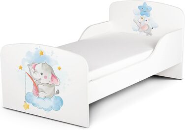 Дерев'яне ліжко Leomark з функціями для дітей - ліжко з матрацом, боковиками та ламелями, розмір спального місця 70/140 см, друк UV (Дитячий слон)