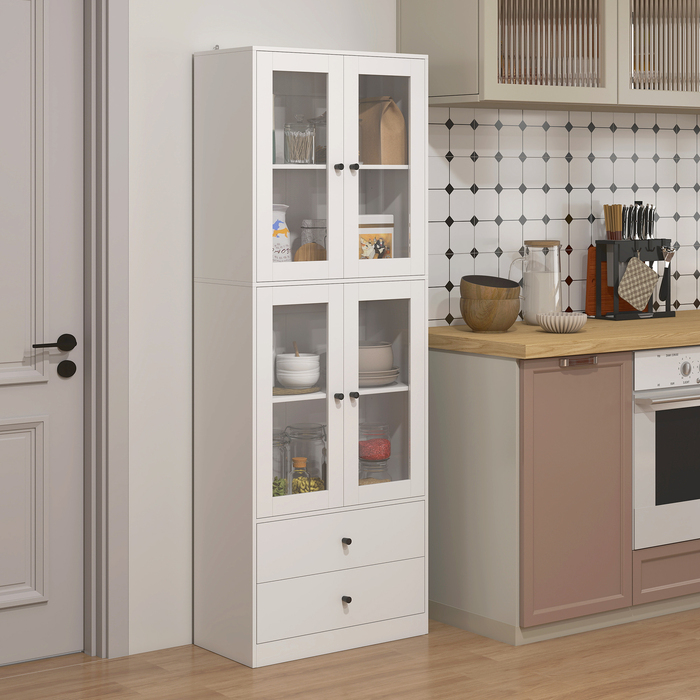 Шафа-кухонна з висувними ящиками та скляними дверцятами, з меламіновою поверхнею, білого кольору