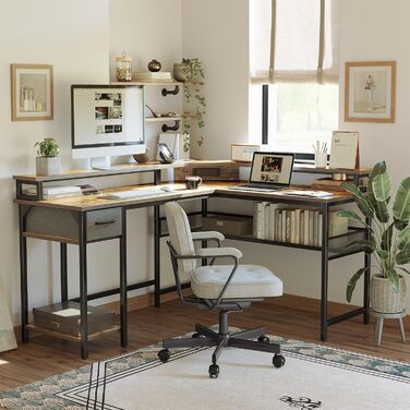 Комп'ютерний стіл CubiCubi L-подібний з розеткою, великий кутовий офісний стіл, 148 x 120 см, LED, вінтажний коричневий