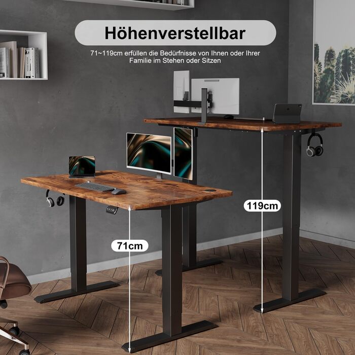 Електричний регульований стіл Devoko - стіл для стоячи/сидячи, 120 x 60 см, білий (Vintage-brown)