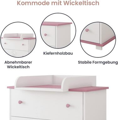 Комод з пеленальним столиком Kiki Design | 80x46 см | 3 висувні ящики | Для дитячої кімнати | Гравірований ведмедик | Рожевий