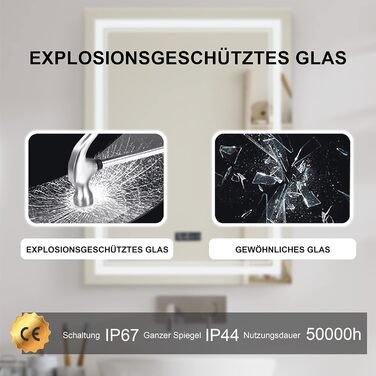 Дзеркало для ванної кімнати Puchika з підсвічуванням LED, 50x70 см, настінне, диммер, 3 кольори світла (3000-6400K), IP44, A+, сенсорне керування, антизапар