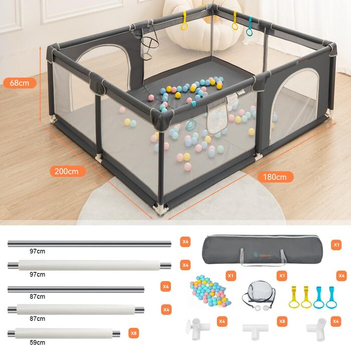 Дитячий манеж COMOMY 180x200x66 см, захисний ігровий майданчик XXL з м'якою сіткою, нековзким дном з оксфорду, м'ячами, кошиком і 4 кільцями для дітей