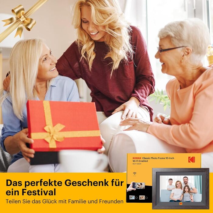 Цифровий фоторамка Kodak 10,1 дюйма WiFi, IPS Touchscreen, 32GB, Автоматичне поворотання, для кріплення на стіну, ділитися фото з будь-якого місця, коричневий (чорний каркас)