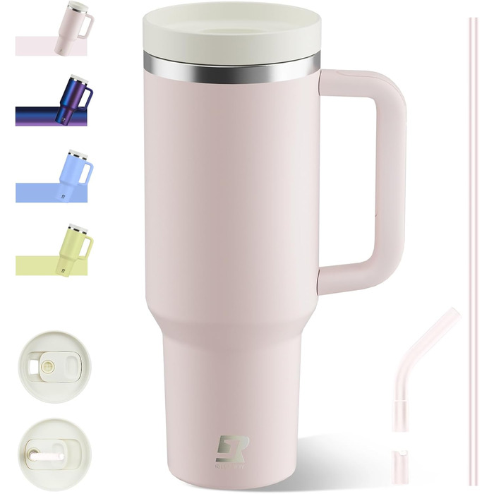 Термокружка-пляшка 1200 мл з трубочкою та антиковзним ручним захопленням, витіканнями запобігає, BPA Free, подвійні стінки, ізоляція для авто, офісу, відпочинку (пастельно-рожевий) біло-рожевий