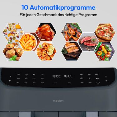 MEDION P20 XXL Фритюрниця з гарячим повітрям з 2 камерами (8,7 л, Airfryer, 2600 Вт, подвійна камера, 10 автоматичних програм, 2 висувні ящики, віконце, Dual Airfryer, ILAG PFAS-free, MD11760) матово-білий, матово-сірий