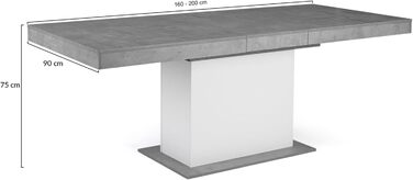 Розсувний обідній стіл Eden, прямокутний, на 6-10 осіб, бетон та білий колір, 160-200 см