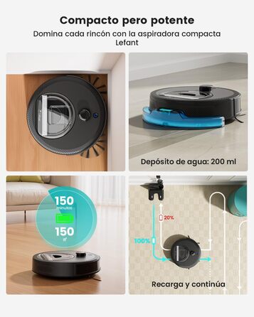 Робот-пилосос LEFANT M330 Pro з функцією миття, 5000Pa, лазерна навігація, LiDAR, 150 хв, розпізнавання килима, керування через додаток/голос, для видалення шерсті тварин, чорний