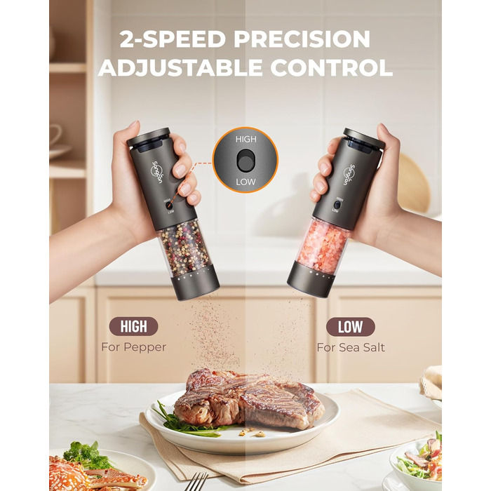 Електричні млини для солі та перцю Sangcon, 2 швидкості, перезаряджувані, 6 ступенів помелу, автоматичний набір з док-станцією, для зручного використання, сірий + чорний