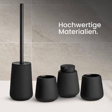 Комплект аксесуарів для ванної кімнати: кераміка преміум-якості, дозатор для мила, 2 склянки, знімна щітка для унітазу - скандинавський дизайн, матовий чорний, 4 шт.