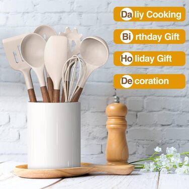 Набір кухонних аксесуарів Kochutensilien, 8 предметів з дерев'яними ручками, силіконовий набір, антипригарне покриття, термостійкий, легке очищення (Хакі)