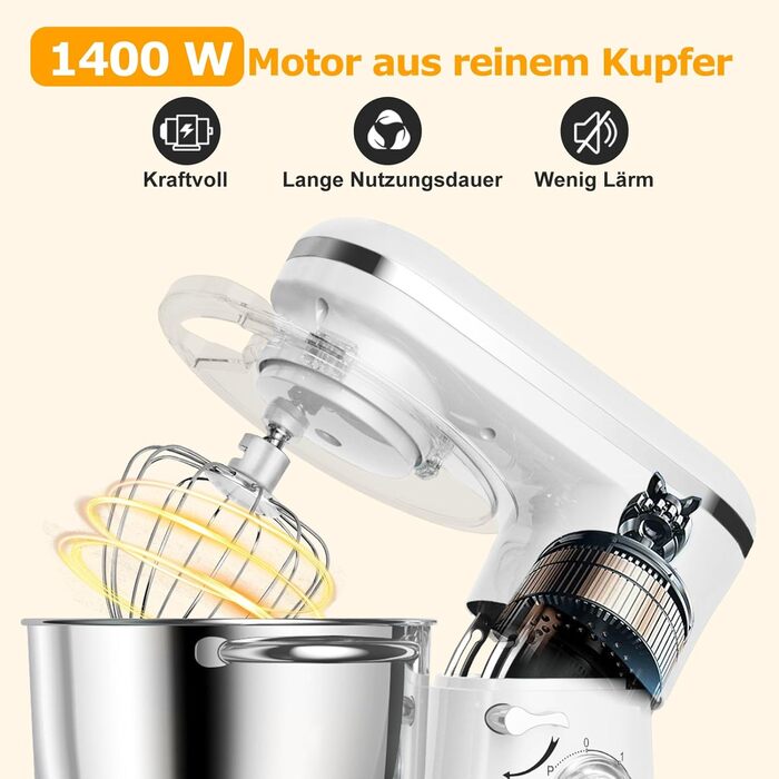 Кухонна машина AUMATE 1400W з міксером, гаком для тіста та набором насадок (6.2 л, порцеляна)