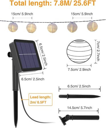 Вулична гірлянда на сонячних батареях, Світлодіодна лампа Litogo 7.8 M 40, вулична гірлянда на лампах з 8 режимами, вулична гірлянда для ліхтарів IP65, водонепроникна