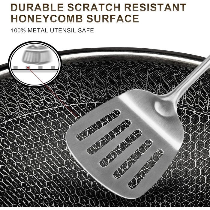 Вок RIOVARM 32 см з нержавіючої сталі з кришкою, антипригарне покриття, плоске дно, індукційні та газові плити, посудомийна машина, духовка, тришарова структура