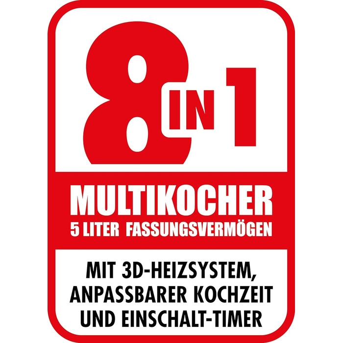 Багатофункціональна плита 8 в 1 із попередньо встановленими програмами, 5 літрів, 3D-система нагріву та функція збереження тепла, 42527