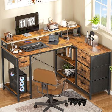 Стол YITAHOME L-подібний з USB-портом та розеткою, 140x100 см, 4 шухляди, полиця, для офісу, коричневий