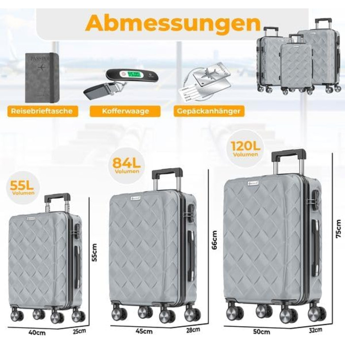 Набір валіз KESSER® 3 шт. | Валізи з ABS, з кодовим замком, ваговою шалькою та органайзером для документів | 360° колеса | Ручна поклажа та великі валізи для подорожей та бізнесу | Сірий колір