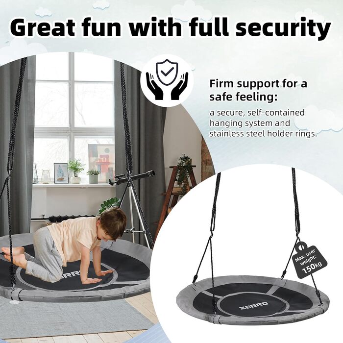 Сітчаста гойдалка ZERRO Nestschaukel для дітей та дорослих, Ø120см, до 150кг, регульована висота, сіра