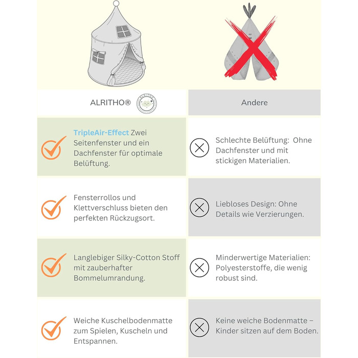 Намет для дітей Tipi з м'якого бавовняного полотна Silky-Cotton | Бежевий, 1 вхід, 3 вікна, Tasche & Bodenmatte | Стабільний намет-іграшка для хлопчиків та дівчаток