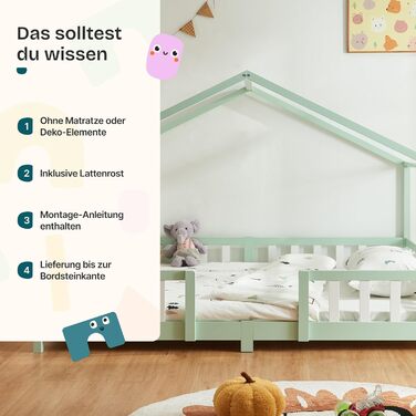 Дитяче ліжко Treviolo Hausbett від en.casa: дерев'яне ліжко Montessori з захистом від падіння, 120x200 см, сосна, колір дерева (м'ятний/білий)