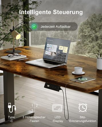 Регульований стіл Devoko 200x80 см з USB-C, електричний, мобільний, з органайзером для кабелів, білий/вінтажний коричневий