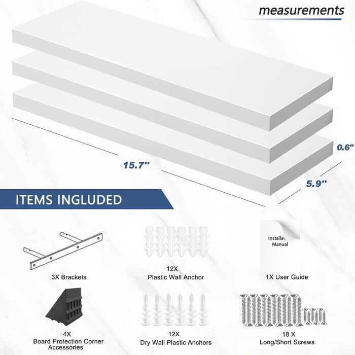 Набір білих настінних полиць-невимок (3 шт.) для ванної, спальні, вітальні та кухні — приховані полиці для декору та зберігання