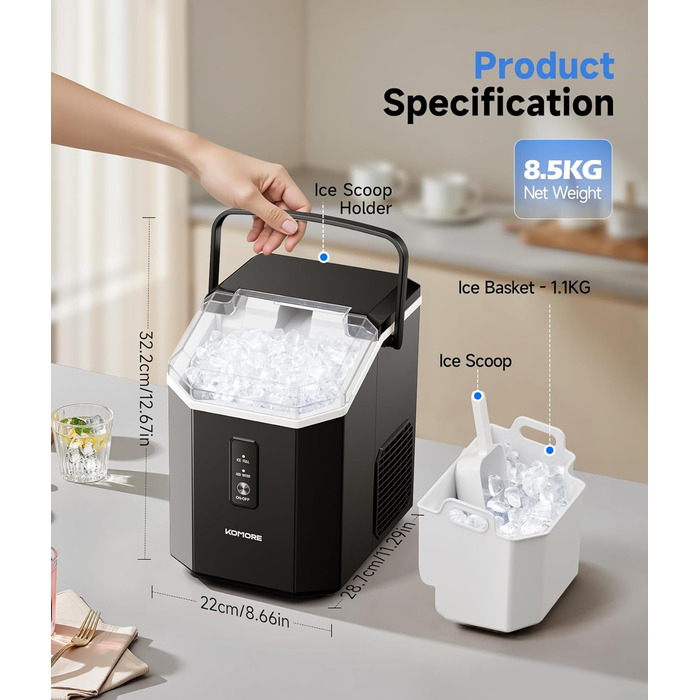 Машина для приготування морозива Komore, 15 кг/день, швидка (5 хв), портативна, з лопаткою та кошиком, самоочищення, для дому та офісу, чорна